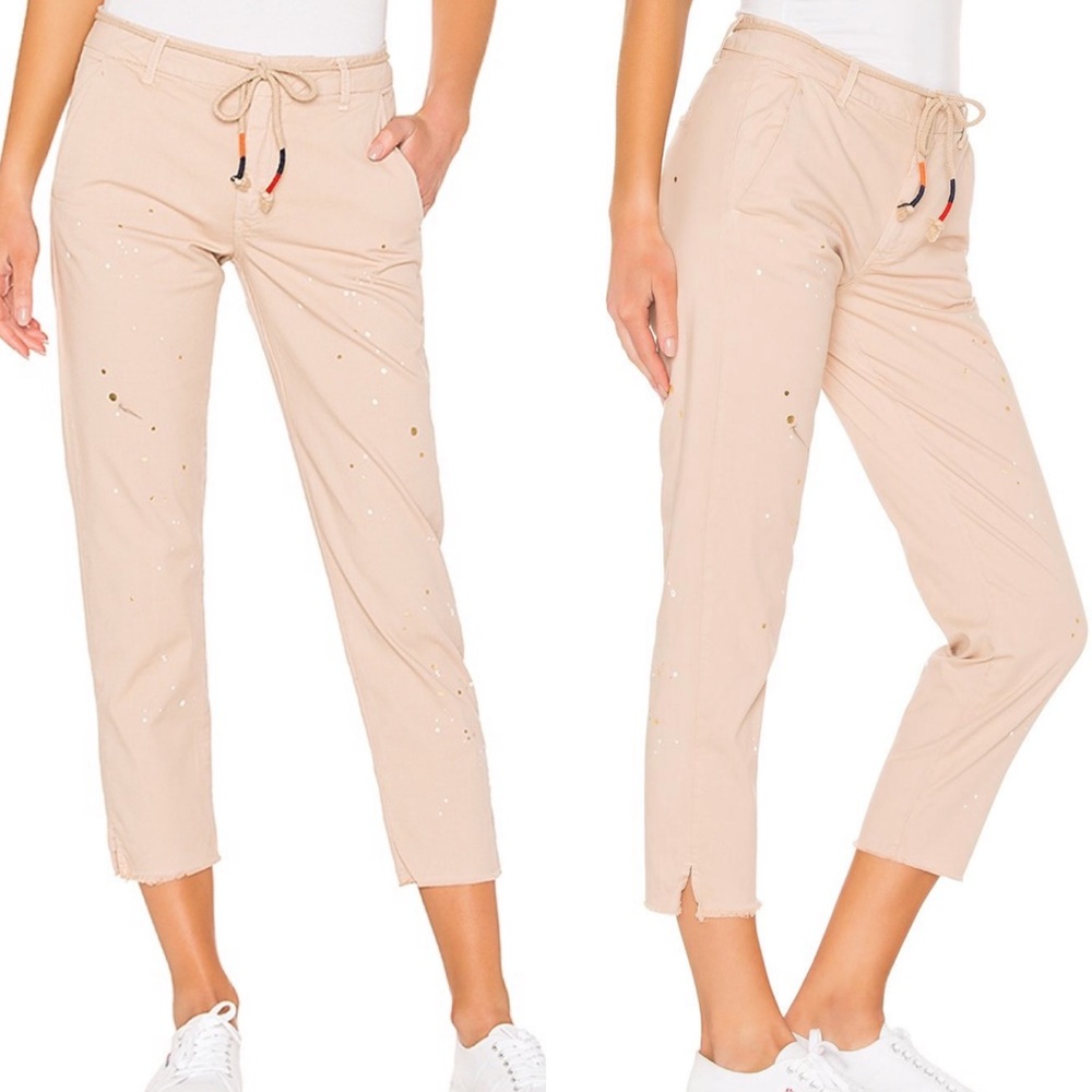 NEW Anthropologie Sundry Carpenter Paint Ankle Crop Pants Boho Tan Drawstring